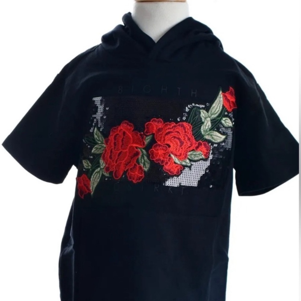 Stylish Black Hoodie with Red Floral Design